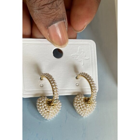 Gold-Plated Pearly Heart Hoop Earrings With Elegant Design Bridal Going Out NWT - Picture 2 of 6